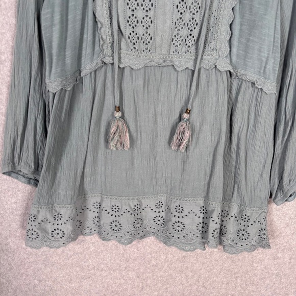 Knox Rose Peasant Tunic Large Babydoll Crinkle Crochet Eyelet Boho Flowy Tassel - Picture 3 of 9